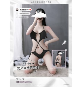 FEE ET MOI Sexy Bodysuit With Crossover Spaghetti Straps (Black)